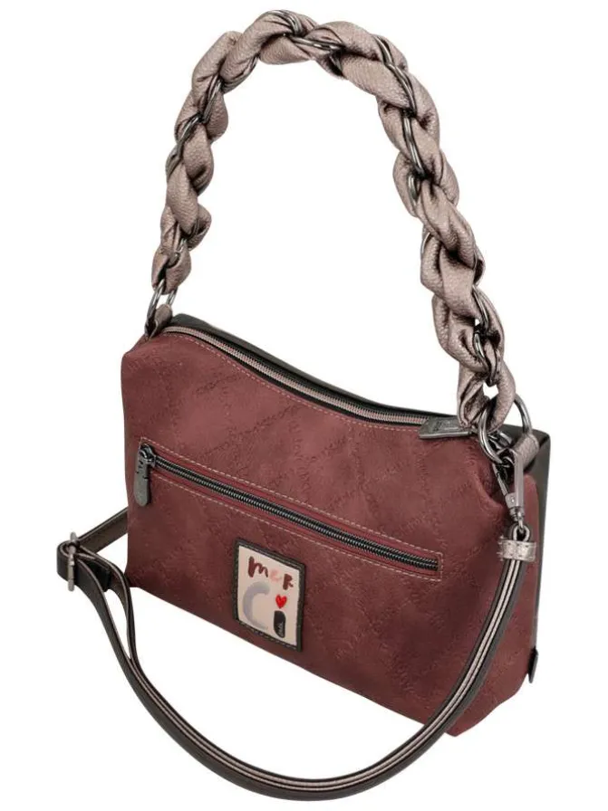 Sac à main marron pourvu de motifs exclusifs et d'une anse tortillée