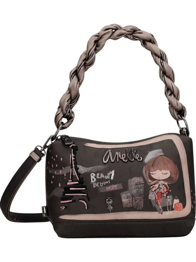 Sac à main marron pourvu de motifs exclusifs et d'une anse tortillée