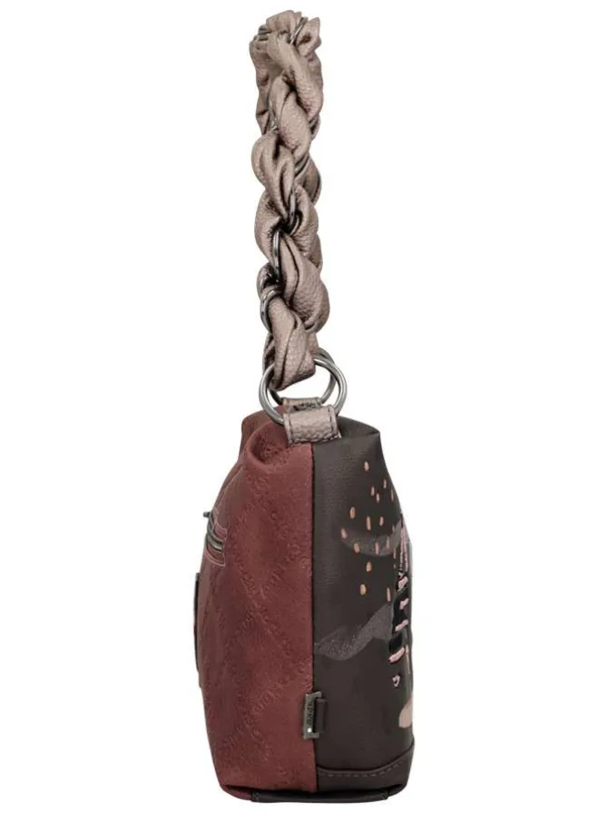 Sac à main marron pourvu de motifs exclusifs et d'une anse tortillée