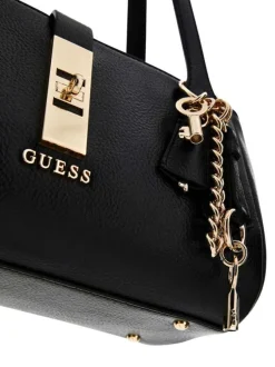 Sac à main noir aspect grainé pourvu de fines anses plates et de détails dorés