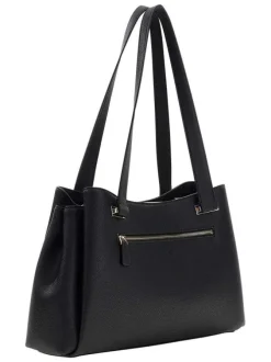 Sac à main noir pourvu de deux anses plates et du logo de la marque