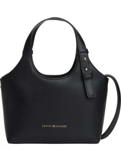 Sac à main noir pourvu d'une bandoulière amovible et du nom de la marque