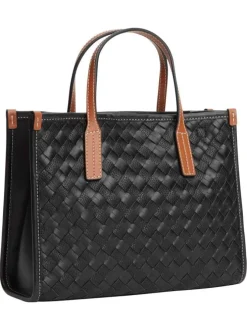 Sac à main noir tressé pourvu d'anses contrastées et du logo de la marque