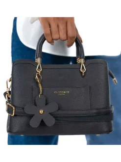 Sac à main noir uni à liants métalliques dorés et compartiment à fermeture zippée