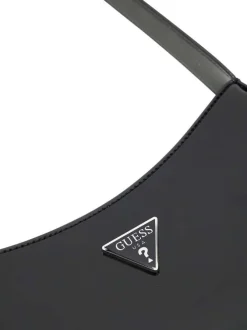 Sac à main noir vernis pourvu du logo de la marque forme triangle