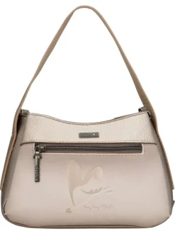 Sac à main porté épaule beige à motifs avec une poche extérieure zippée