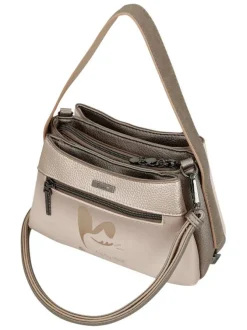 Sac à main porté épaule beige à motifs avec une poche extérieure zippée