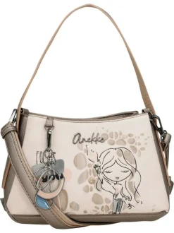 Sac à main porté épaule beige à motifs avec une poche extérieure zippée