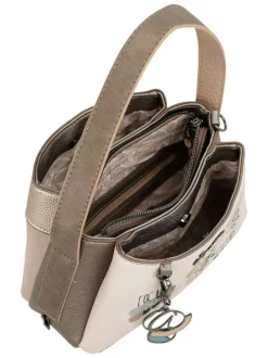 Sac à main porté épaule beige à motifs avec une poche extérieure zippée