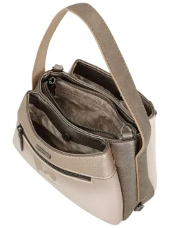 Sac à main porté épaule beige à motifs avec une poche extérieure zippée