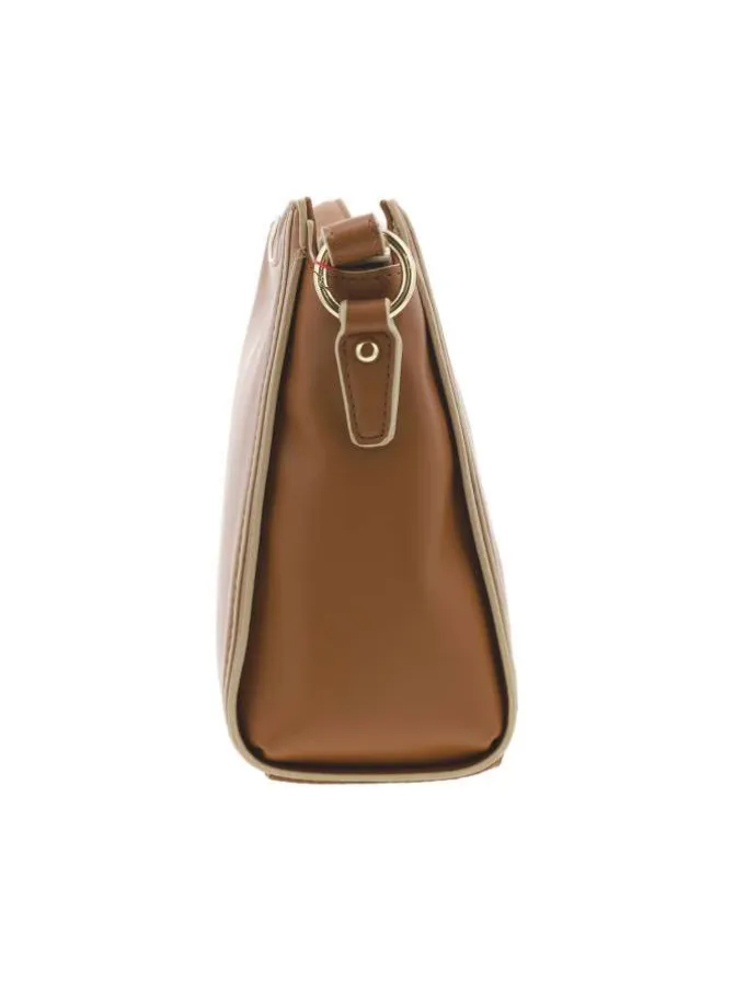 Sac à main porté épaule camel uni bicolore lisse avec marque embossée