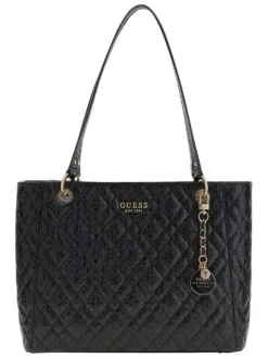 Sac à main shopping noir matelassé orné d'un motif monogramme