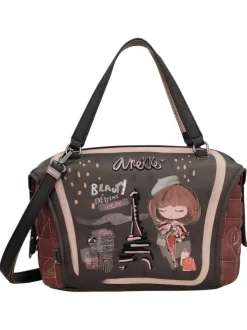 Sac à main taupe pourvu de motifs exclusifs et d'une bandoulière amovible