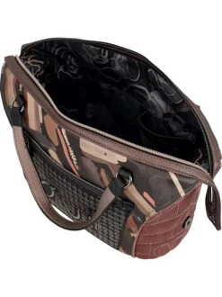 Sac à main taupe pourvu de motifs exclusifs et d'une bandoulière amovible
