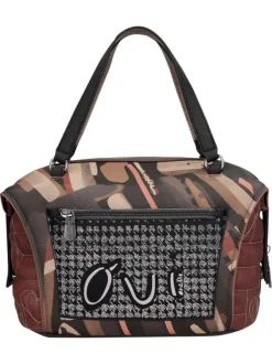 Sac à main taupe pourvu de motifs exclusifs et d'une bandoulière amovible