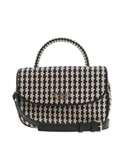 Sac à main tressé beige et noir avec détails dorés et bandoulière amovible