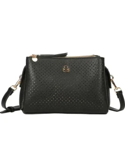 Sac noir en maille ajourée avec bandoulière amovible et logo de la marque