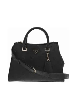 Sac noir porte-mains et bandoulière avec des gravures du logo de la marque