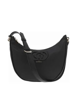 Sac noir à porté épaule forme banane avec détails dorés et bandoulière réglable