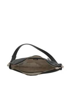 Sac noir à porté épaule forme banane avec détails dorés et bandoulière réglable