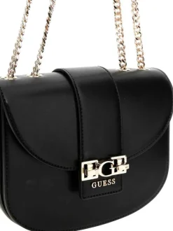 Sac noir uni avec bandoulière noire et dorée et logo de la marque