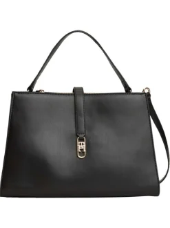 Sac noir uni avec fermeture aimantée et logo de la marque doré