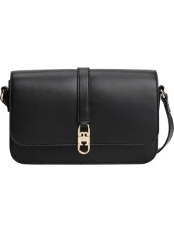 Sac noir uni avec fermeture à rabat et logo de la marque doré