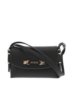 Sac noir uni à porté épaule avec rabat à pression et logo de la marque