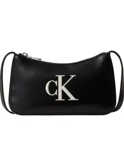 Sac noir uni à zip avec une bandoulière et un logo large blanc
