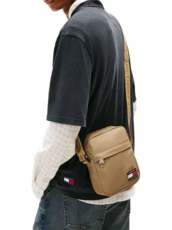 Sacoche beige unie avec bandoulière ajustable et logo cousu