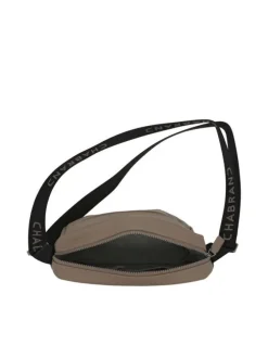 Sacoche beige unie avec sangle en tissu noire ajustable avec nom de la marque