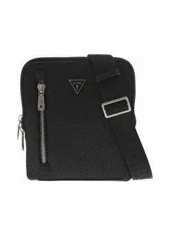 Sacoche carrée noire grainée à double zip avec une bandoulière large réglable