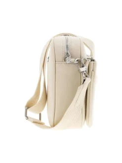 Sacoche écrue unie zippée avec bandoulière réglable en tissu et logo embossé