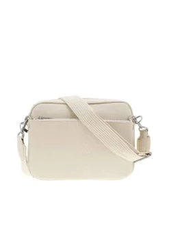 Sacoche écrue unie zippée avec bandoulière réglable en tissu et logo embossé