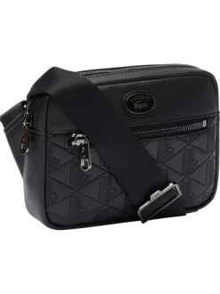 Sacoche en cuir de vache noire à motif embossé pourvue d'une bandoulière