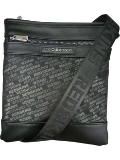 Sacoche noire avec des logos imprimés et une fermeture zippée