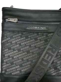 Sacoche noire avec des logos imprimés et une fermeture zippée