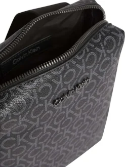 Sacoche noire grainée avec monogramme blanc imprimé et bandoulière réglable