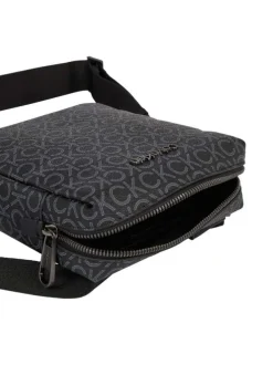 Sacoche noire grainée avec monogramme blanc imprimé et bandoulière réglable