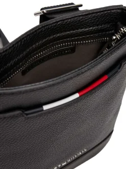 Sacoche noire unie effet grain avec bandoulière réglable et logo en métal