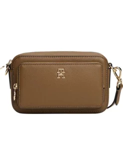 Sacoche marron pourvue d'une bandoulière amovible et du logo de la marque
