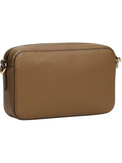Sacoche marron pourvue d'une bandoulière amovible et du logo de la marque