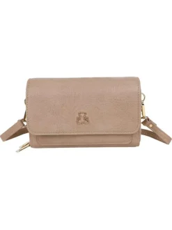 Sac pochette porté taupe à bandoulière amovible orné du logo de la marque
