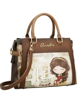 Sac porte mains beige et marron avec des imprimés et deux anses