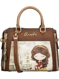 Sac porte mains beige et marron avec des imprimés et deux anses