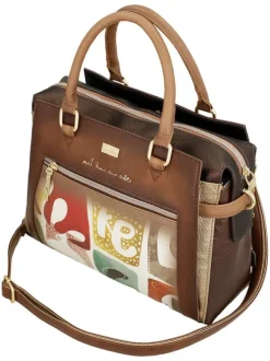 Sac porte mains beige et marron avec des imprimés et deux anses