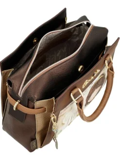 Sac porte mains beige et marron avec des imprimés et deux anses