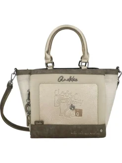 Sac porte mains beige à imprimé avec deux anses et une bandoulière ajustable
