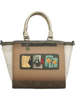 Sac porte mains beige à imprimé avec deux anses et une bandoulière ajustable