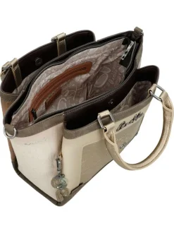 Sac porte mains beige à imprimé avec deux anses et une bandoulière ajustable
